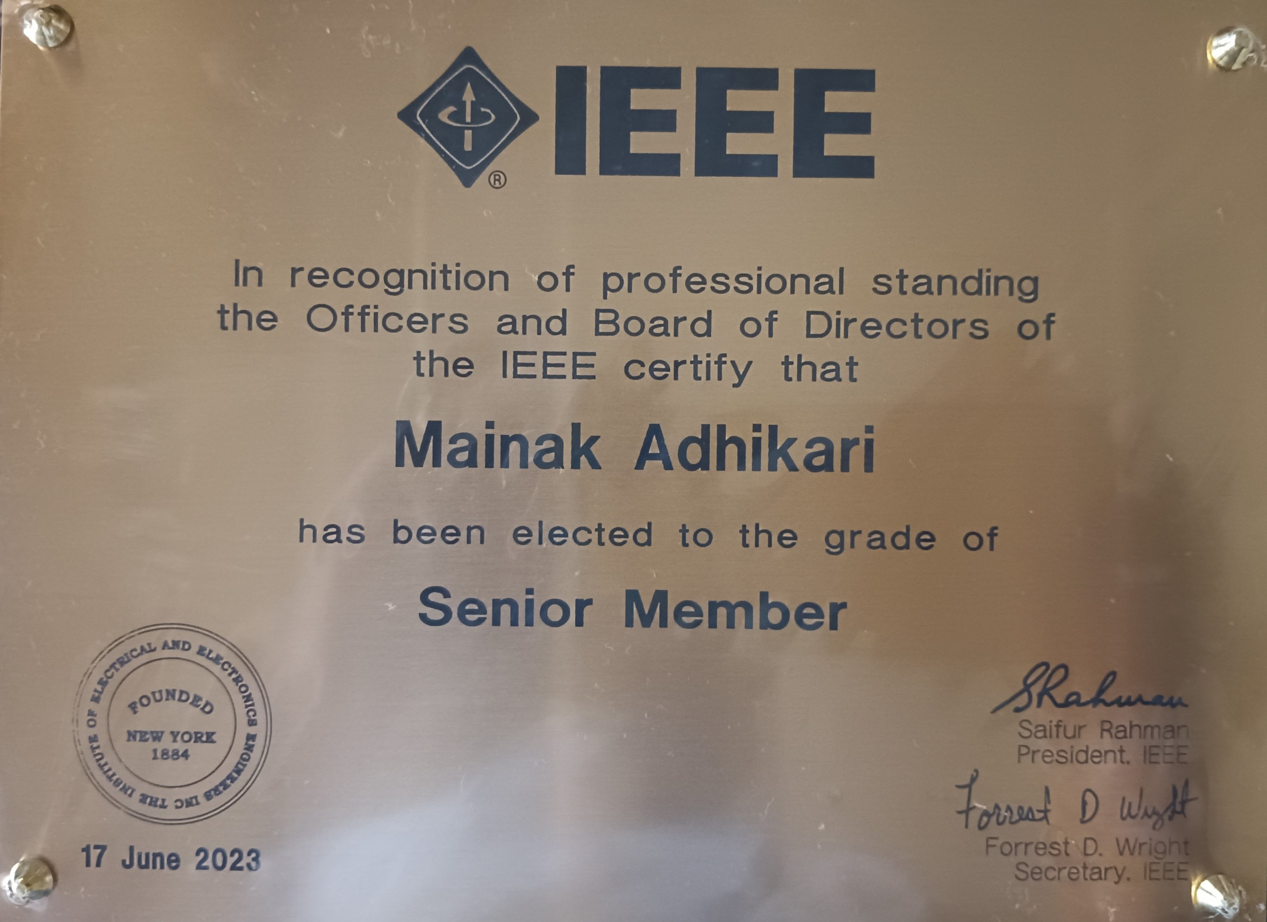 IEEE Senior Member Award to Dr. Mainak Adhikari